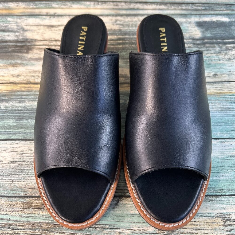 PORTLAND LEATHER Patina Slide Sandal Size 6.5 Black Leather Open Toe Dress Work
